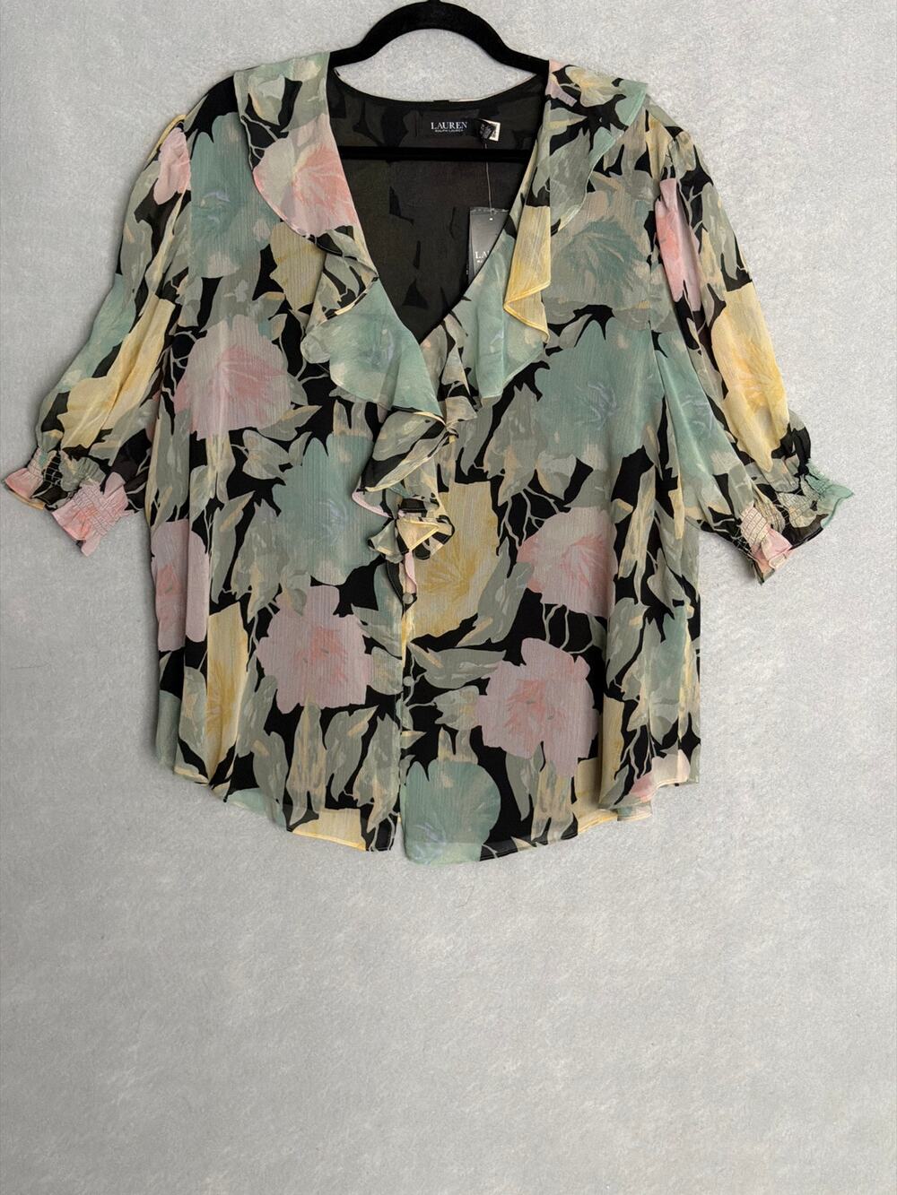 Lauren Ralph Lauren Floral Georgette Top Ruffle Trim Women's 2X NEW